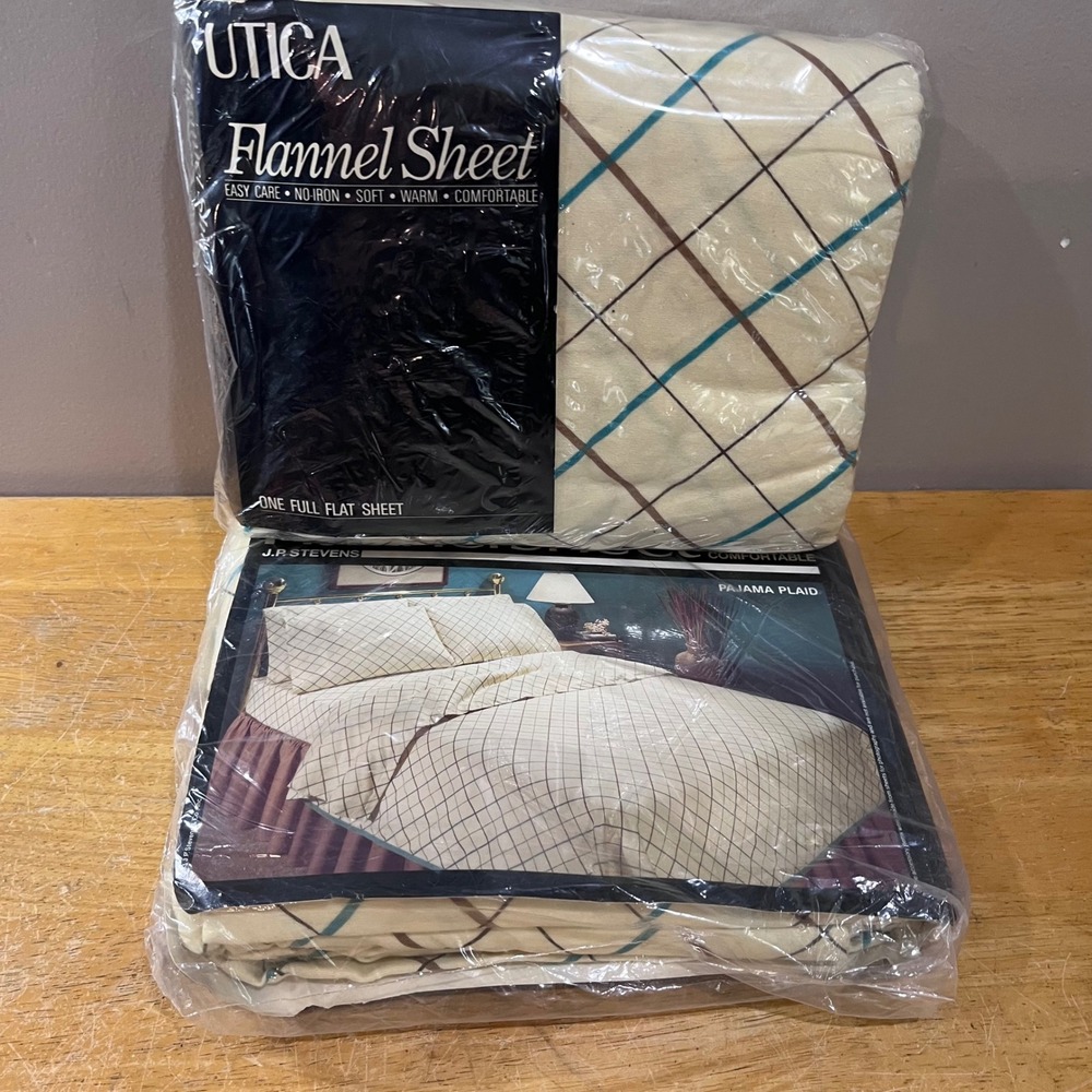 Vtg Utica JP Stevens Flannel Sheet Set Full Flat Fitted Pajama Plaid Cream Blue